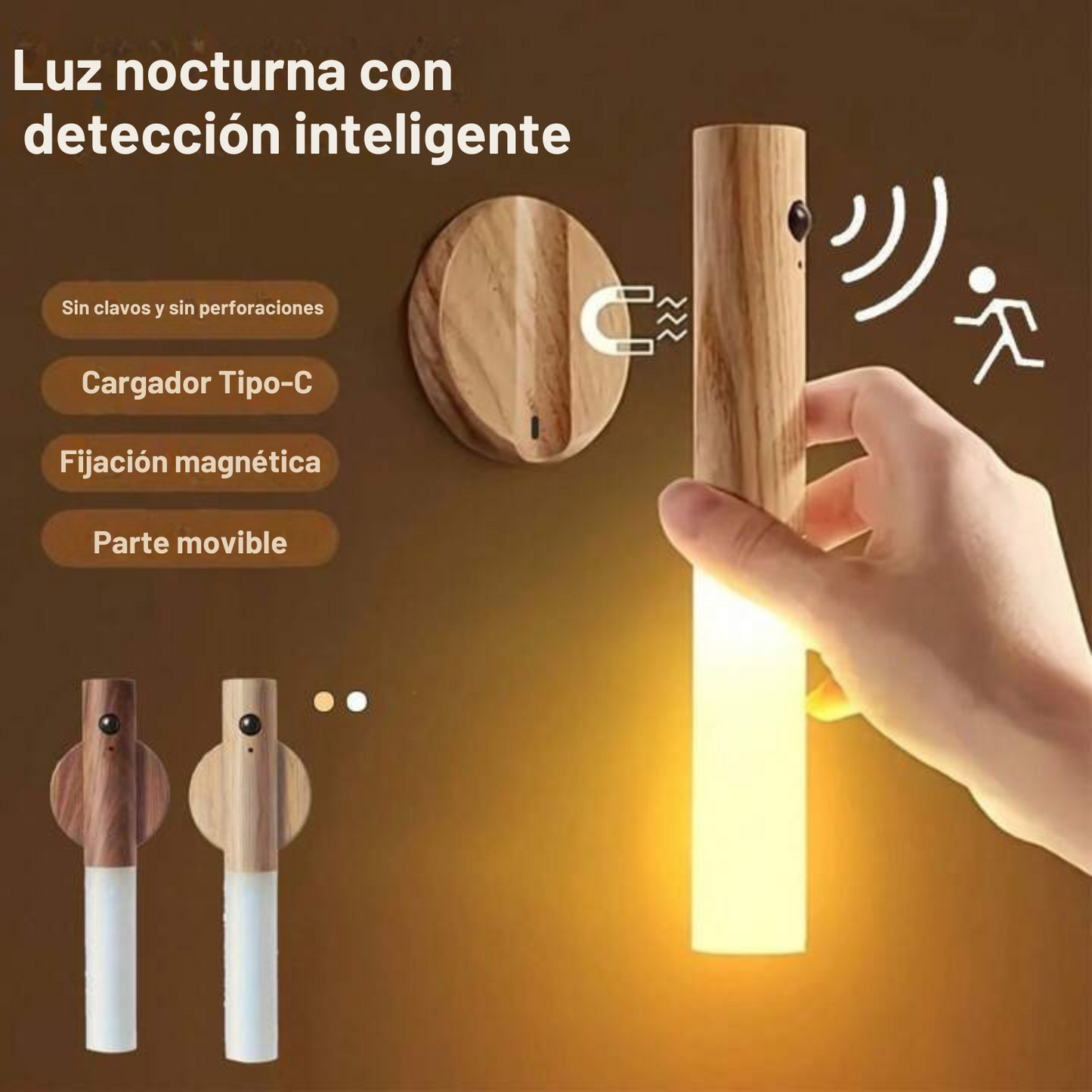 Luz de madera con sensor para la noche