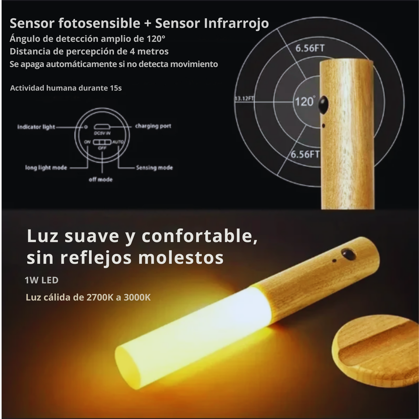 Luz de madera con sensor para la noche