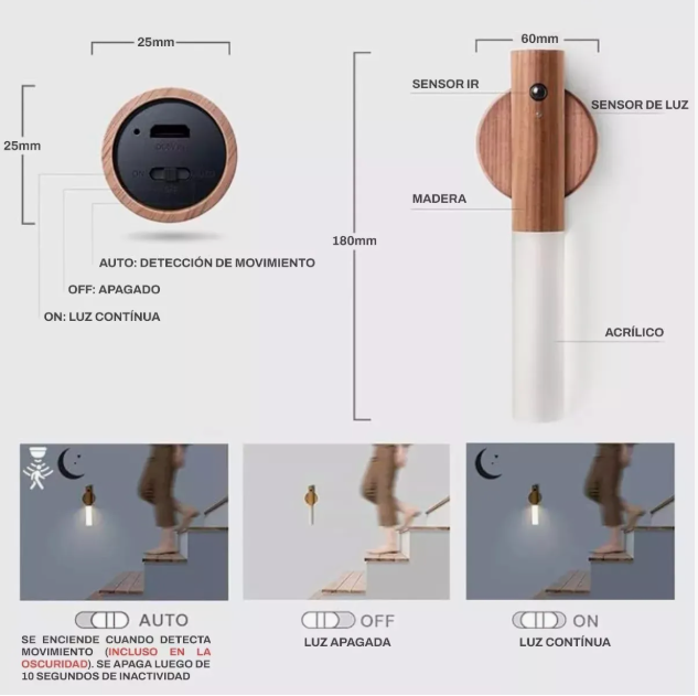 Luz de madera con sensor para la noche